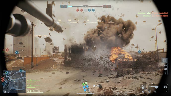 A screenshot of Battlefield 6, showing the player looking through a tank's gunsights as a helicopter crashes into the ground, kicking up a huge cloud of dust.