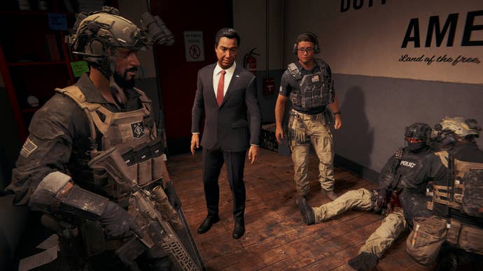 A screenshot of Battlefield 6, showing the president as played by Benito Martinez.