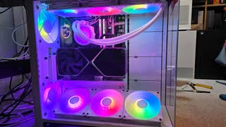 Havn HS 420 VGPU case with a 4090 FE and Arctic Liquid Freezer 3 Pro A-RGB CPU cooler, front view with all panels installed