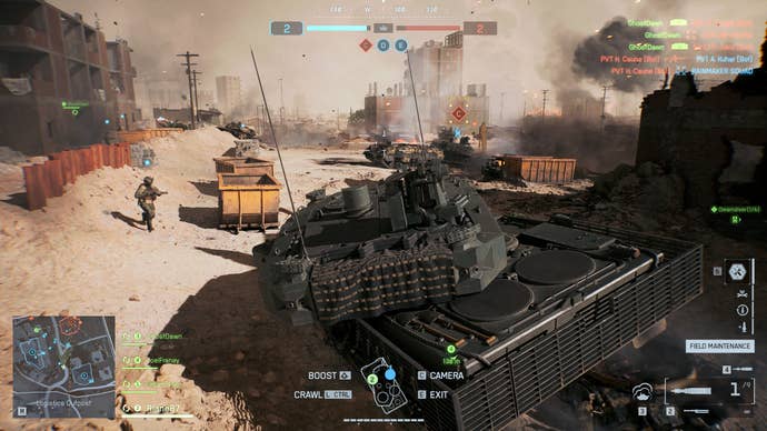 A screenshot of Battlefield 6, showing the player driving a tank through a sandy construction site lined with skips.