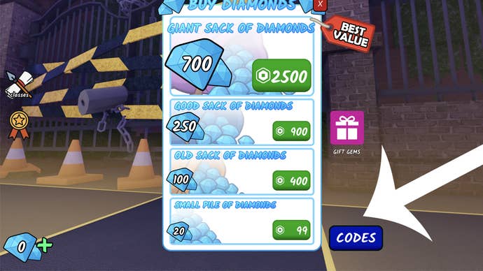 An arrow pointing at the codes button in the Roblox game 99 Nights in the Forest.