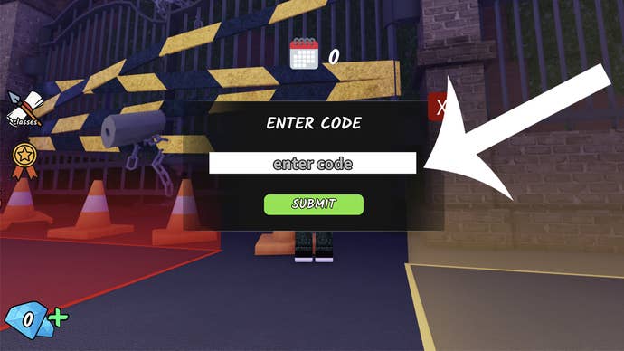 An arrow pointing at the codes menu in the Roblox game 99 Nights in the Forest.