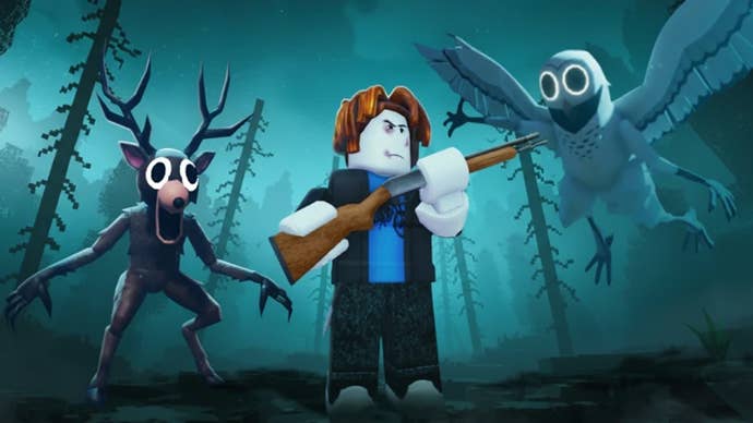 Artwork for the Roblox game 99 Nights in the Forest, showing a Roblox player with dirt on their face holding a shotgun. They're in a forest with a serious expression on their face, and have two creepy-looking creatures approaching them - one that resembles a deer and another that is similar to an owl.