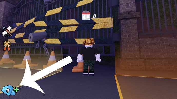 An arrow pointing at the diamonds button in the Roblox game 99 Nights in the Forest.