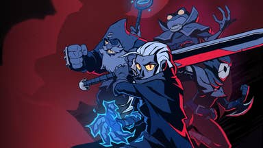 Absolum key art showing several fantasy characters, the main one with a large sword, in a cartoon montage against red background