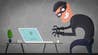 A cartoonish illustration of a black-clad burglar creeping up on a laptop.