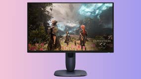 Alienware AW2725Q monitor on a gradient background
