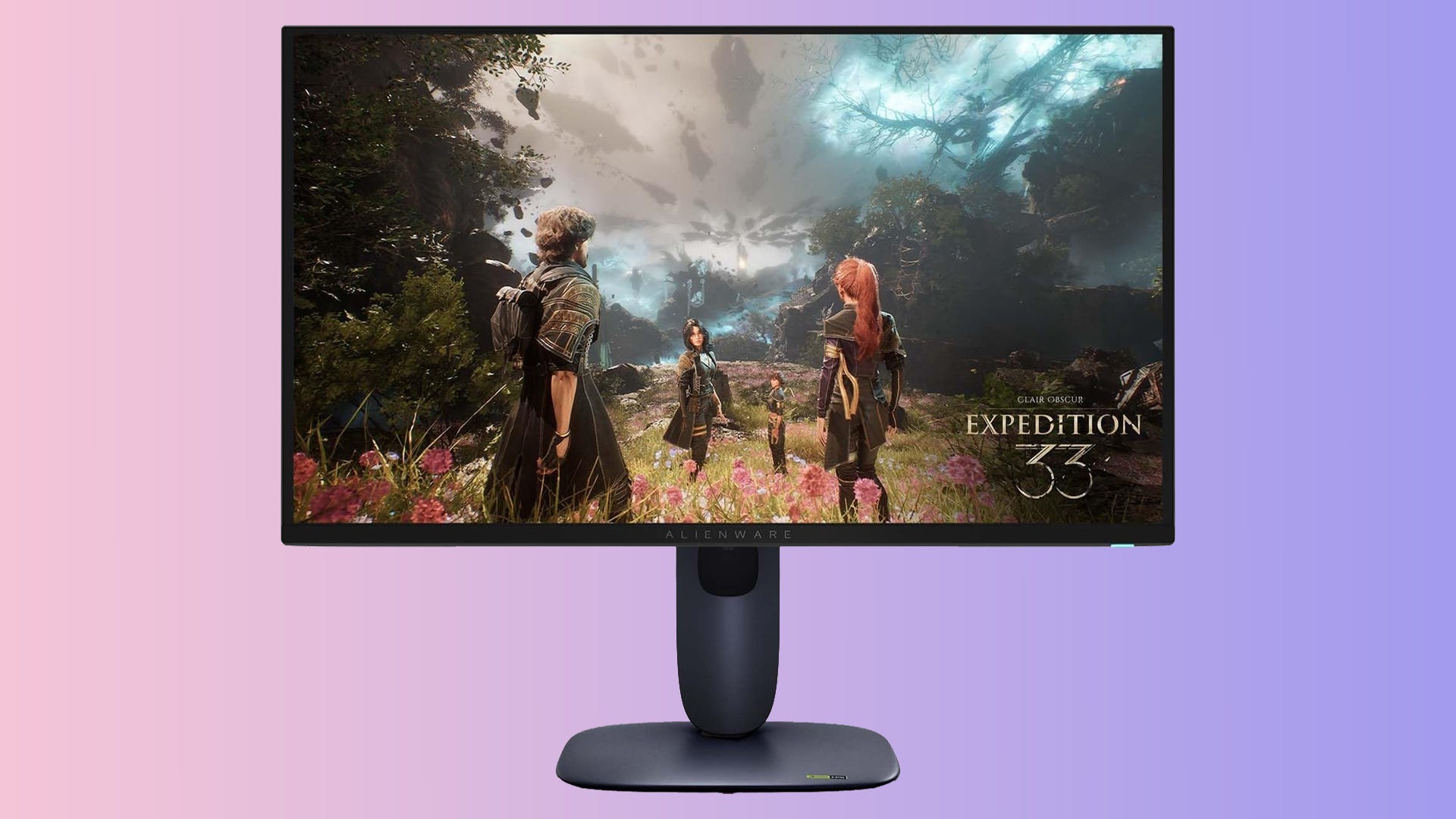 Alienware AW2725Q monitor on a gradient background