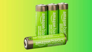 Amazon Basics rechargeable AA batteries on a gradient background
