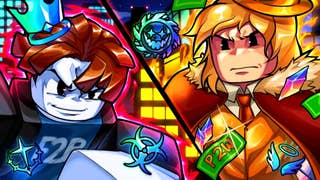 Artwork for the Roblox game Anime Crusaders, showing two characters with serious-looking faces that have a powerful glow surrounding them.