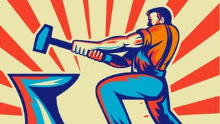 A very bright illustration of a burly masculine character swinging a huge hammer down onto an anvil. Light streaks from the background as if from the rising sun.