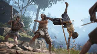 Assassin's Creed Shadows' Naoe using a large pole to balance herself as she kicks an enemy