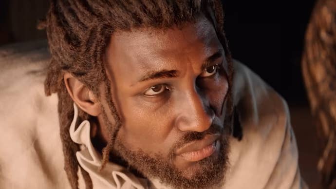 Extreme close up of Black samurai Yasuke in Assassin's Creed Shadows trailer