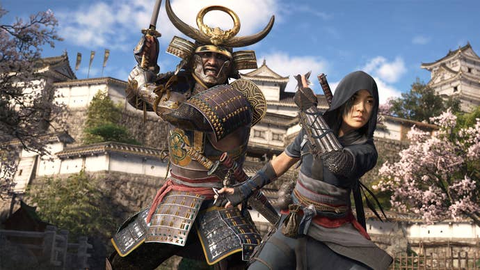 Yasuke wearing samurai armour and holding a sword, next to Naoe in her ninja outfit and holding a shuriken in Assassin's Creed Shadows.