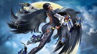 A slender feminine character clad in a skin-tight black leather bodysuit that has huge, voluminous, wing-like sleeves. She leaps into the air and looks over her shoulder to the camera, holding two guns out either side of her. A huge moon frames her.