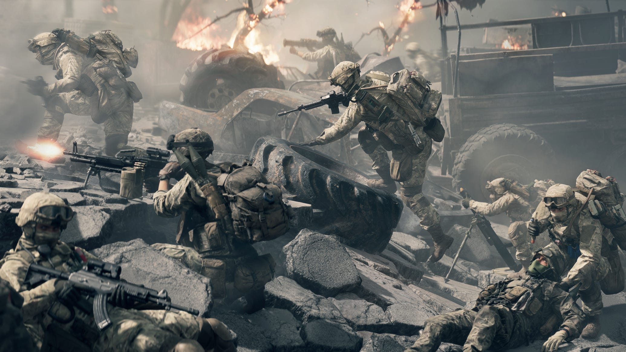 Official Battlefield 6 image showing several soldiers climbing over rubble