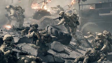 Official Battlefield 6 image showing several soldiers climbing over rubble
