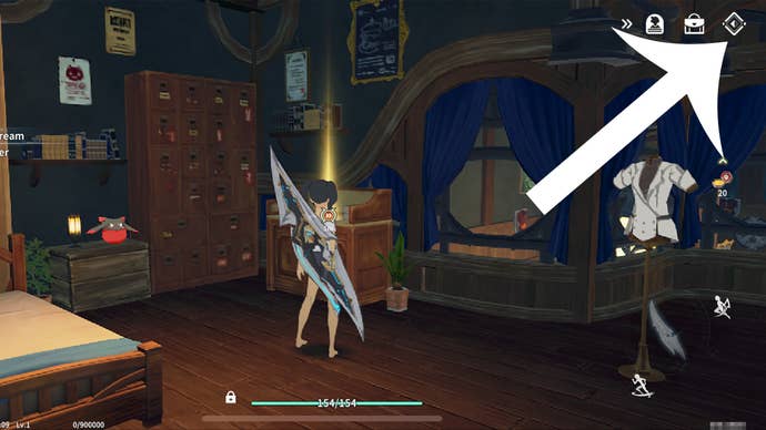 An arrow pointing at the button used to access the in-game menu in Blue Protocol: Star Resonance.