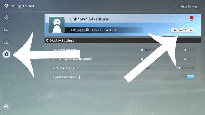 An arrow pointing at the buttons players have to press to access the codes menu in Blue Protocol: Star Resonance.