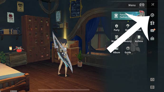 An arrow pointing at the settings button in Blue Protocol: Star Resonance.