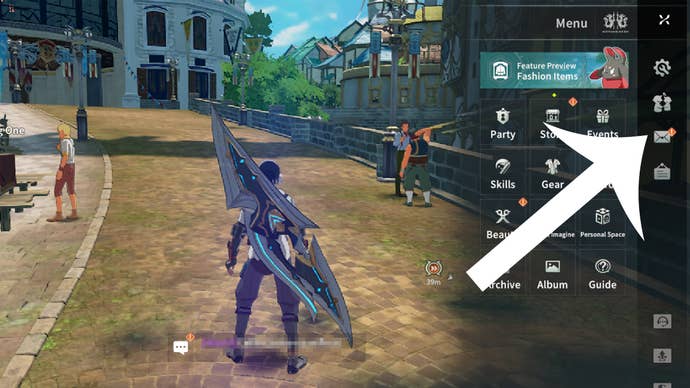 An arrow pointing at the mailbox button in Blue Protocol: Star Resonance.