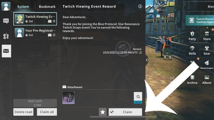 An arrow pointing at the button players have to press in their mailbox to claim Twitch Drop rewards for Blue Protocol.