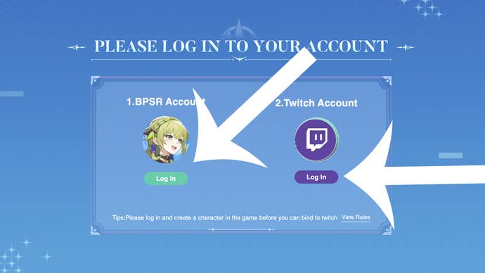 An arrow pointing at the buttons players have to press to bind their accounts for Blue Protocol Twitch Drops.