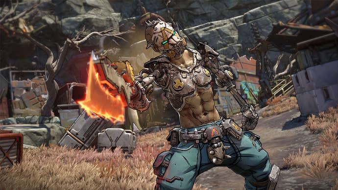 Borderlands 4 promo art showing a character wearing scavenger-style armour and holding a futuristic weapon.