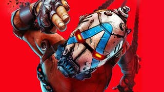 Borderlands 4 key art showing a psycho making a finger gun sign at you, against bright red background