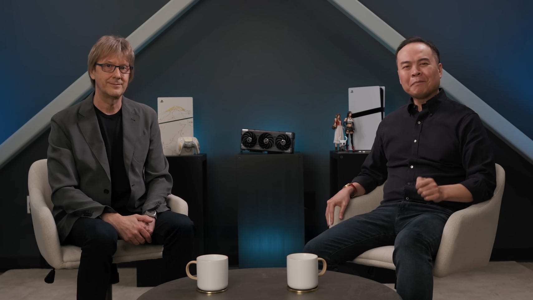 PS5 system architect Mark Cerny and AMD senior vice president Jack Huynh sat facing the camera