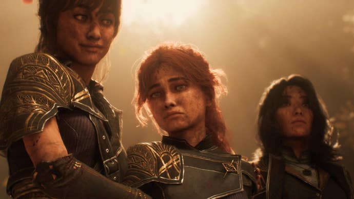 Close up of three female characters bathed in golden light in Expedition 33