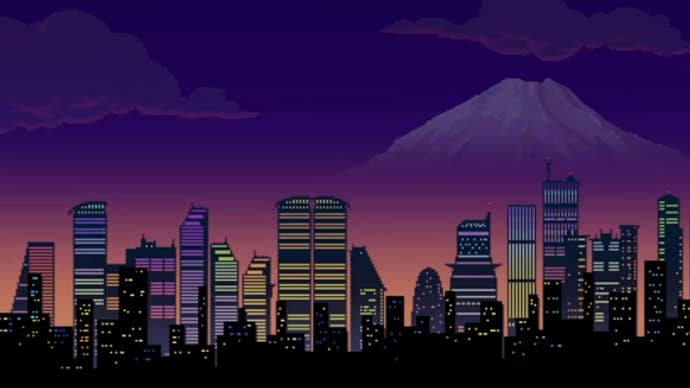 A pixelated view of Tokyo and Mount Fuji in the indie game Coffee Talk Tokyo.