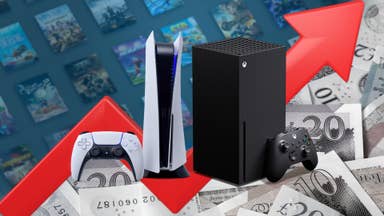 PS5 and Xbox Series X consoles over a lineup of games, a red line going up, and a pile of money