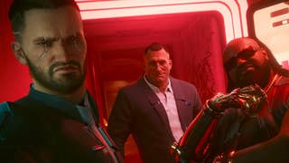 Cyberpunk 2077 screenshot showing three male characters in red light