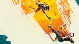 The cover image for Reach. Rosa the main character is falling down but facing upwards towards a robot that is following her. Rosa is aiming a bow and arrow at the robot which in turn is aiming a gun at her.