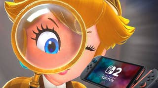 detective peach looking through a magnifying glass in Princess Peach Showtime with a Switch 2 console in the corner