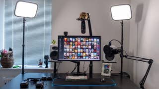a streaming setup, complete with lights, a microphone, webcam and other accessories