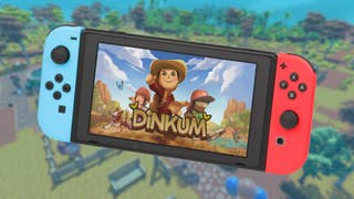 Dinkum art on a Switch console over the top of a blurry farm.
