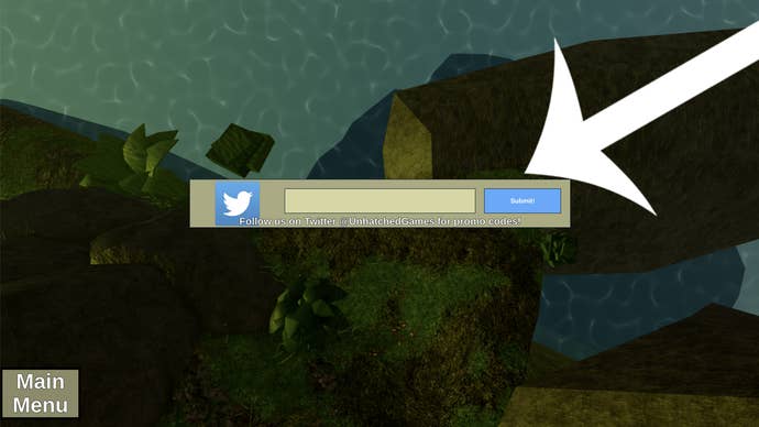 An arrow pointing at the codes menu in the Roblox game Dinosaur Simulator.