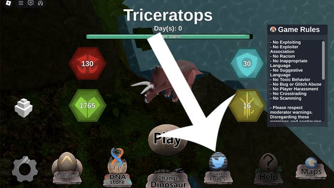 An arrow pointing at the promo codes button in the Roblox game Dinosaur Simulator.