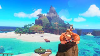 Donkey Kong Bananza DK Island and Emerald Rush DLC screenshot showing DK and Pauline facing the camera on a pedestal with DK Island in the background