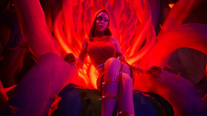 Screenshot of Doja Cat in Fortnite sitting on throne of roses