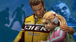 Chuck and Katy Greene in an embrace over the top of two screenshots from Dead Rising 2: Case Zero