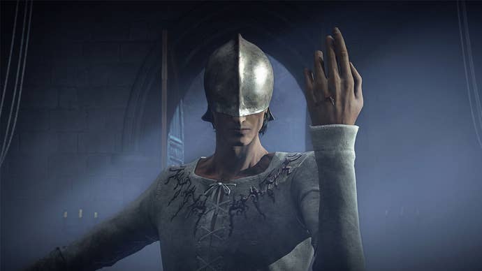 A character wearing a helmet pulls a pose with one hand lifted up showing what appears to be a wound on it, in a promotional image for the upcoming RPG The Duskbloods.
