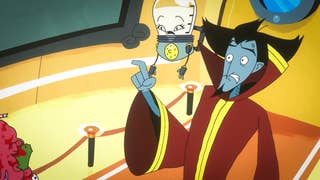 A screenshot for earth must die showing a blue-skilled and sharp-bearded Ming the Merciless-like baddie pointing worriedly at something off screen.