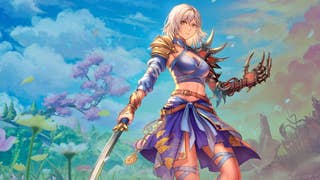 Eline, the main character of Edge of Memories, stands oer a colourful fantasy world; sword in one hand, and a demon arm on the other.