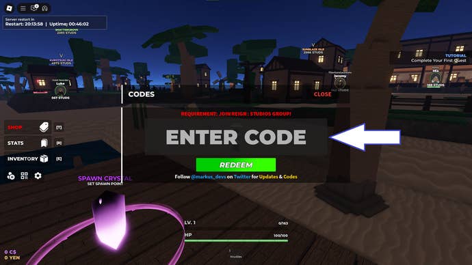 A screenshot of Enchanted in Roblox showing the game's codes field.