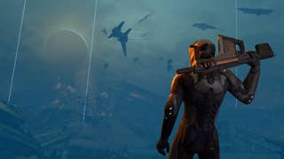 Key art for Eve Vanguard, featuring a soldier wielding a gun, staring at a battlefield coloured in a blue hue