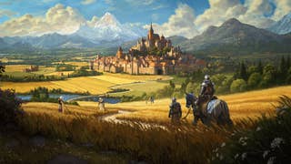 An idyllic, painterly like illustration of a pastoral farmland, with a castle-walled town in the distance. Blue skies, mountains, golden fields: it's dreamy.