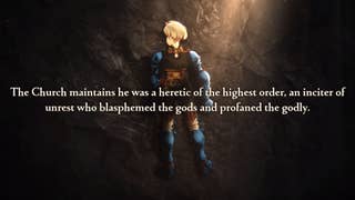 Final Fantasy Tactics protagonist Ramza Beoulve stands with his back turned to the camera. He wears a suit of makeshift blue-colored armor and his hair is a soft cornsilk blonde. Text on the image reads: "The Church maintains he was a heretic of the highest order, and inciter of unrest who blasphemed the gods and profaned the godly."